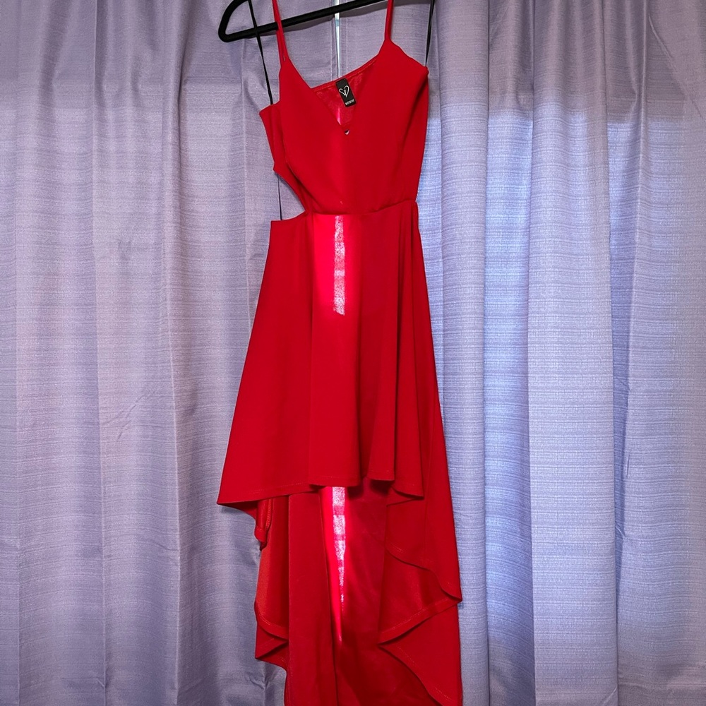 Red high low back slit dress